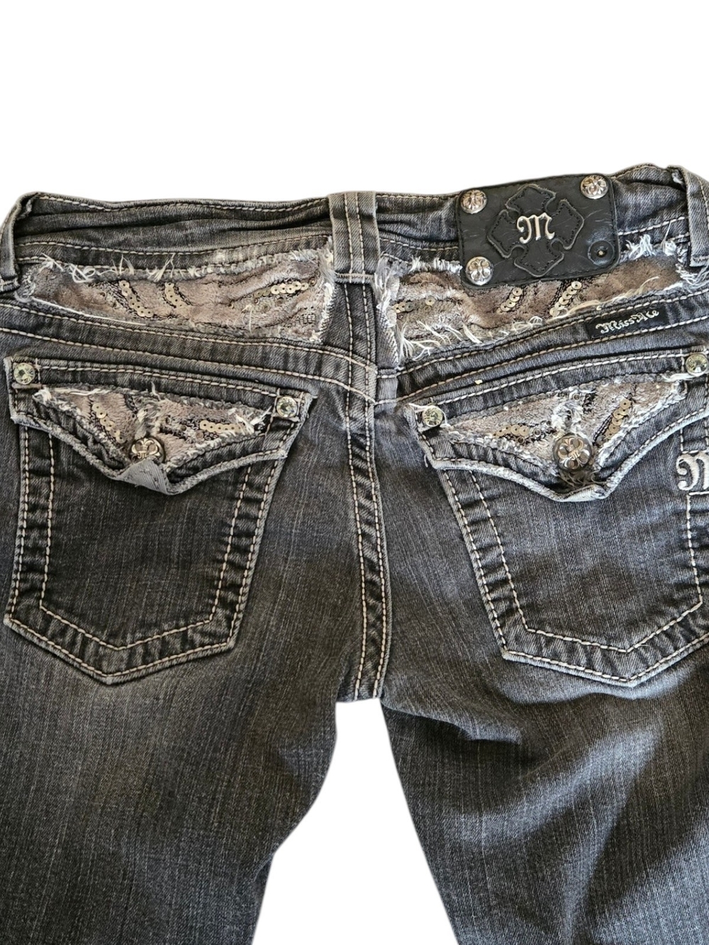 Miss Me Women's Washed Black Embellished Pocket Low Rise Sz 28